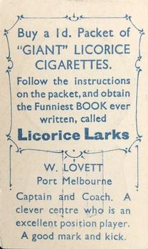 1933 Giant Brand Australian Licorice League and Association Footballers #NNO William Lovett Back
